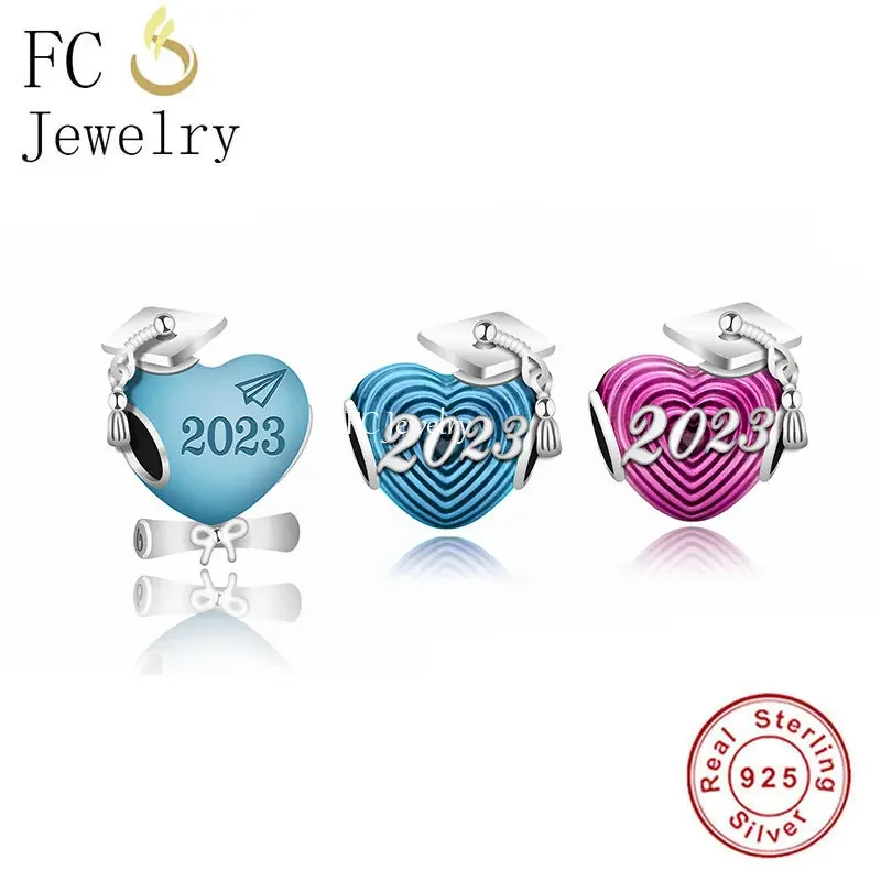 

Fit Original Pan Charms Bracelet 925 Silver Red Blue Graduation Hat Scroll Heart Bead For Making School Student Berloque