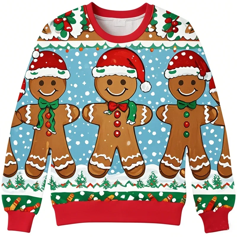 Cute Gingerbread Man Ugly Christmas Sweater Funny Kids 3D Print Xmas Sweatshirts Loose Mens Tracksuit Streetwear Pullovers Tops