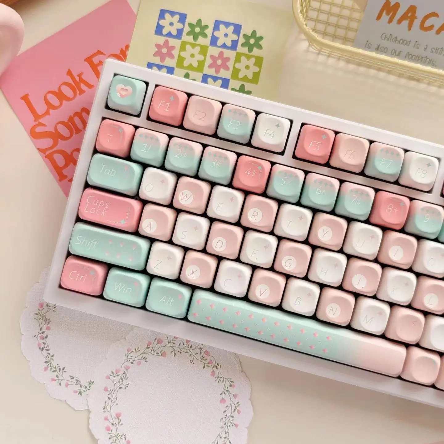 

120-клавишная клавиатура с профилем Mint Macaron MOA, колпачки для клавиш с пятисторонней сублимационной краской, колпачки для клавиш из ПБТ для переключателей MX, механическая клавиатура