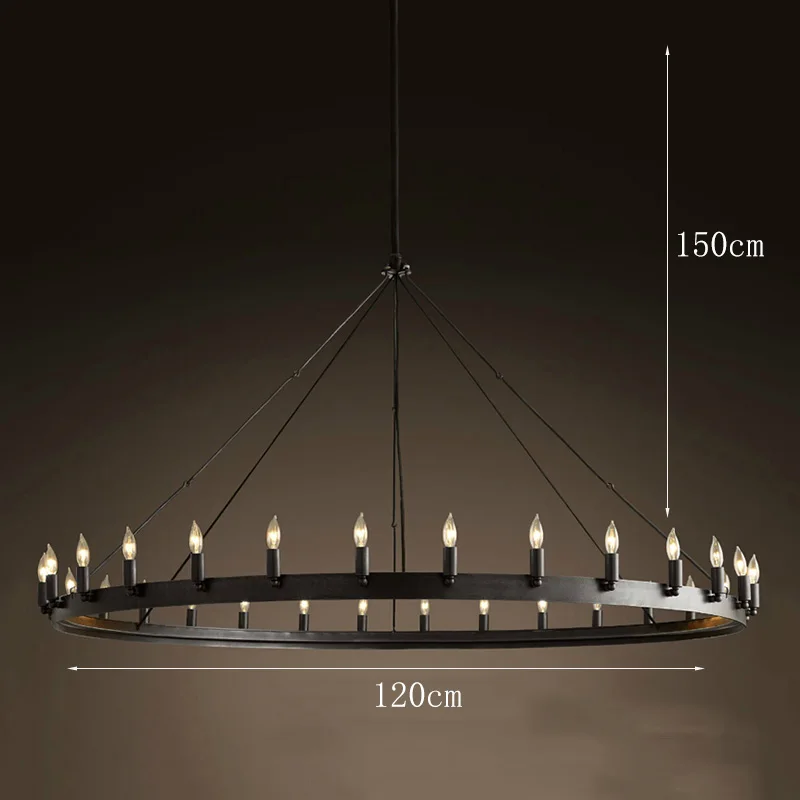 Retro minimalistische zwarte smeedijzeren ringkroonluchter led-kaarslamp voor eetkamer Industriële grote rustieke hoge plafondlamp