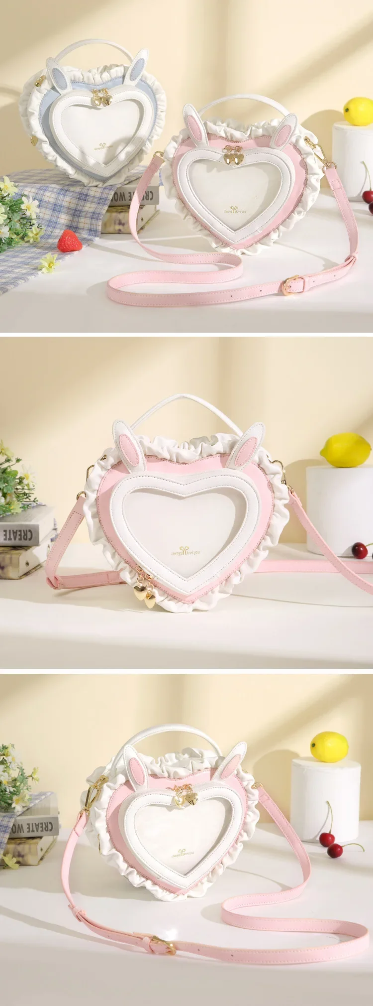 Japanese Lolita Heart-shaped Rabbit Ear Handbag Sweet Lace Transparent Animation Uniform Bag Simple Fashionable Messenger Bag