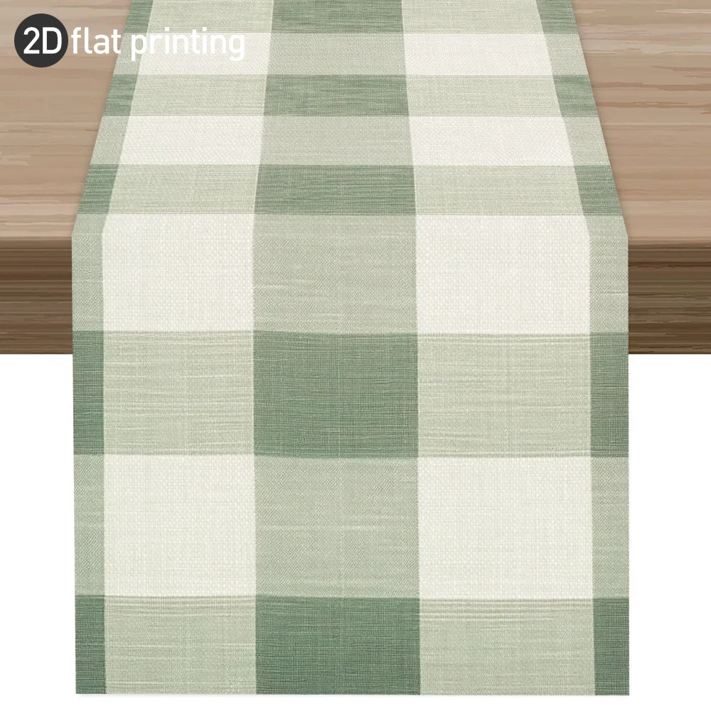 Light Green White Plaid Table Runner - French Country Style Table Cover for Kitchen Dining Coffee Table & Holiday Decor