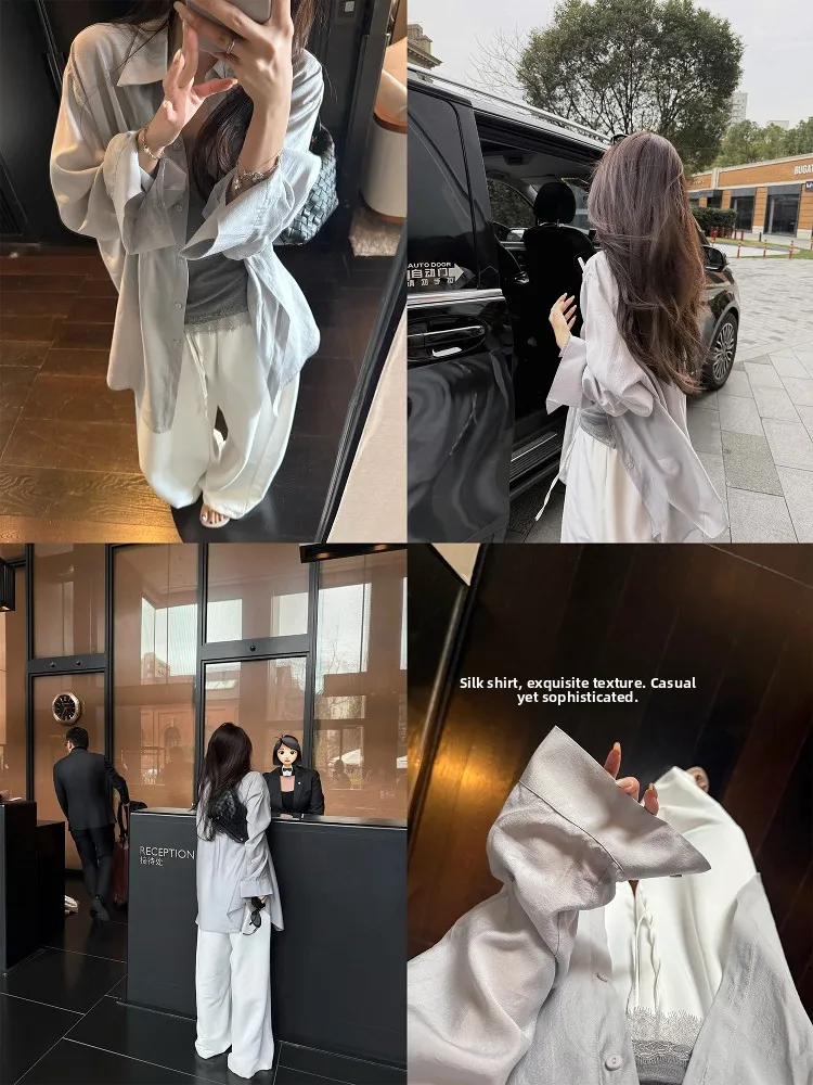 

Superniniyy Silk irt Loose Fit Air Conditioning Sun Protection Lazy Sle Women's Korean Faion Long Sve Button up Top