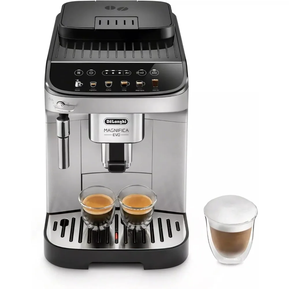 Magnifica Evo Automatische Espresso- und Kaffeemaschine mit manuellem Milchaufschäumer für Latte, Cappuccino, Eiskaffee, eingebaute Mühle