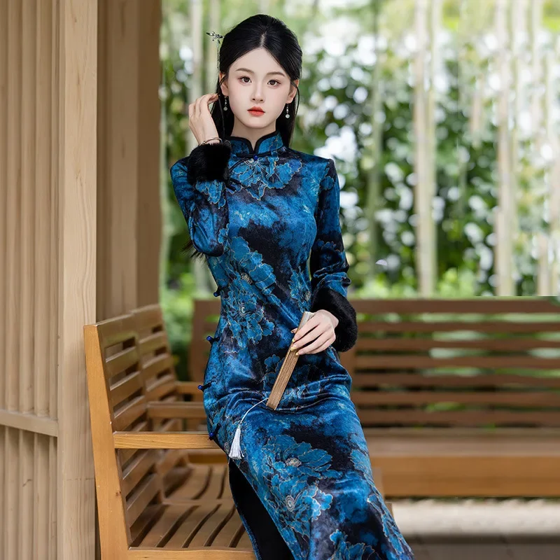 

Blue Old Shanghai Autumn and Winter Thick Chinese Style Long Improved Cheongsam Young Women's Retro Long Sleeved Dress Qipao