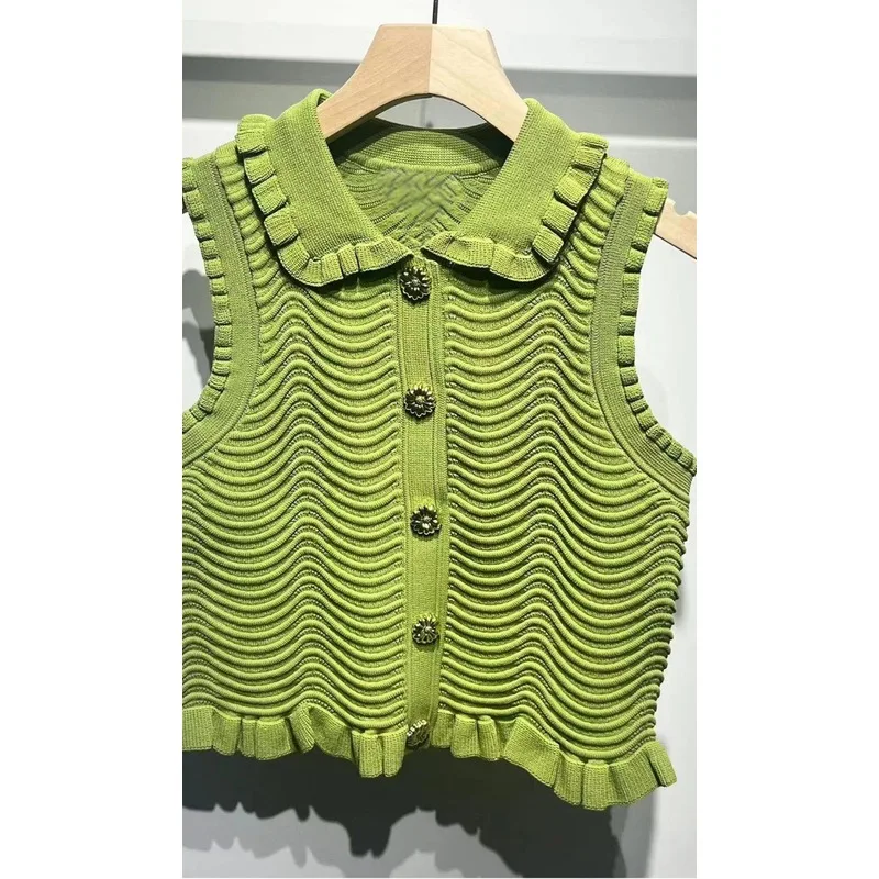 Women Ruffled Collar Wave Knit 2 Piece Wavy Texture Sleeveless Vest Top Mini Skirt Elegant Sweet Green Knitted Suit