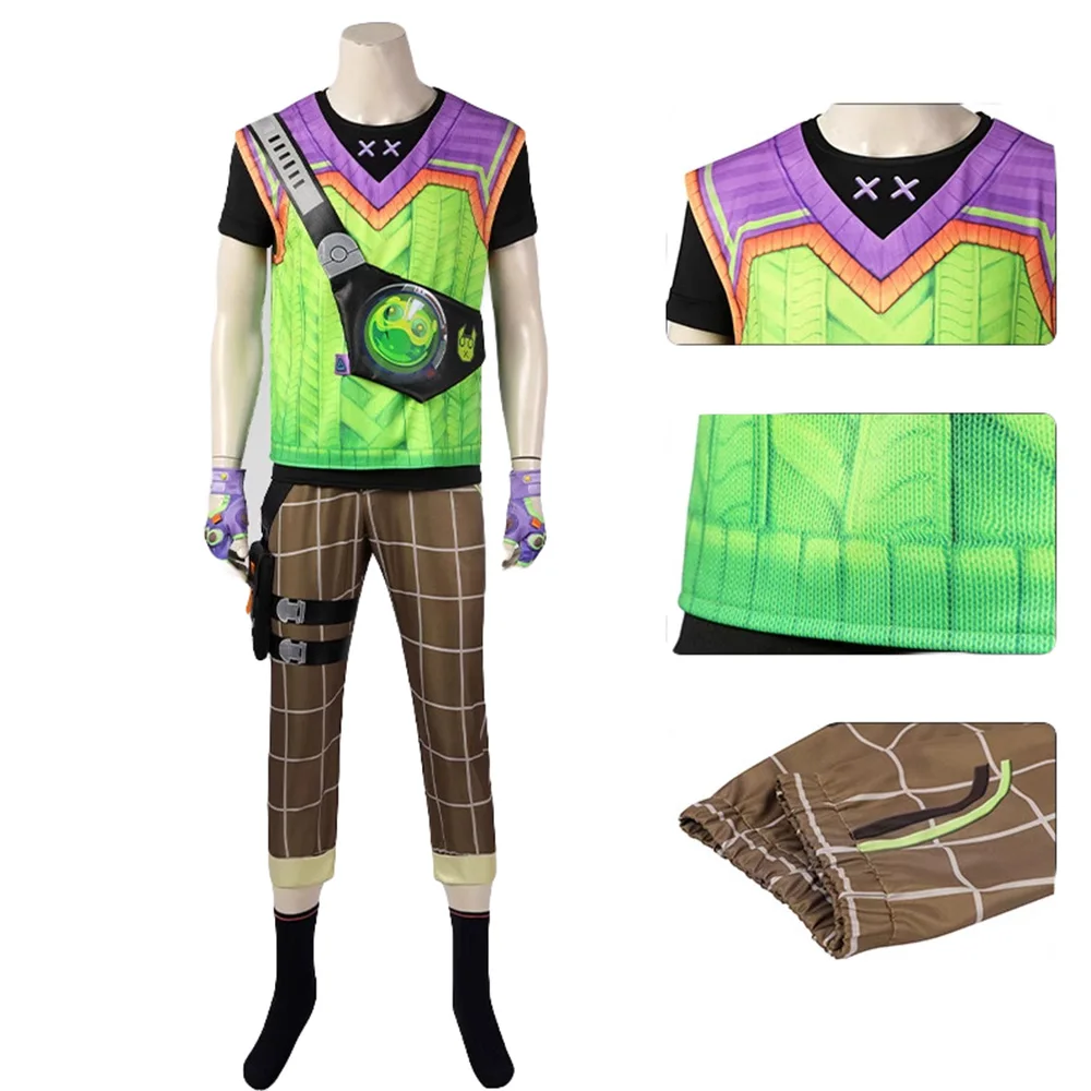 Jogo Valorant Gekko Cosplay Traje, T-Shirt Verde, Calças, Roupas Bolsa, Conjunto Completo, Halloween, Festa de Carnaval, Traje Disfarçado