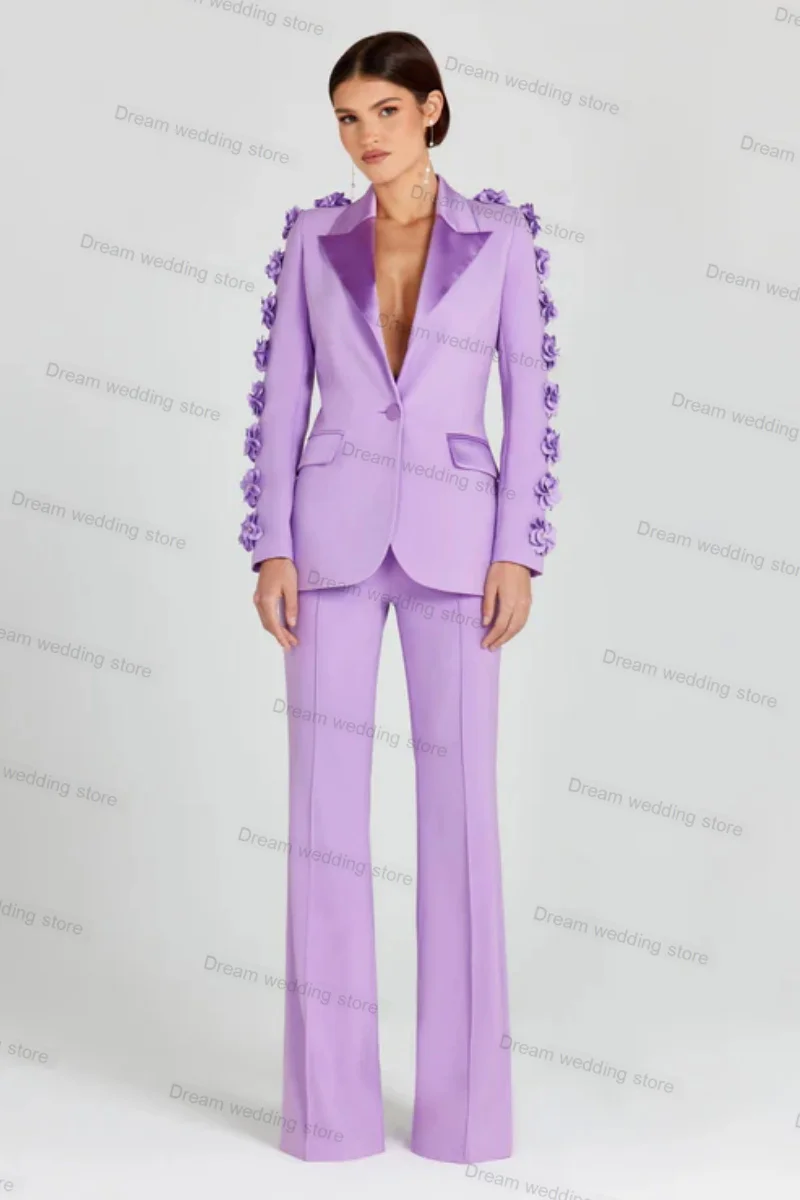 

3D Flower Women Suits Pants Set 3 Piece Blazer+Vest+Trousers Purple Wedding Tuxedo Tailored Size Formal Office Prom Jacket Coat