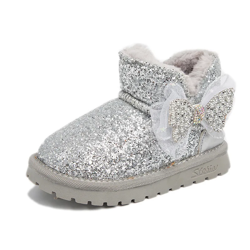 Fashion Sequin Rhinestones Girls Botas 2023 Winter Thick Plush Warm Children\'s Snow Boots Kids Flat Ankle Boots Non Slip Sneaker