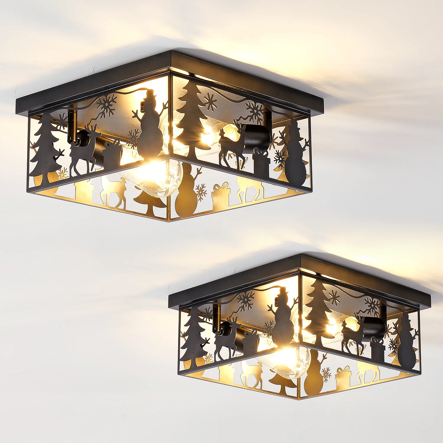 Christmas Square Flush Mount Ceiling Light Matte Black Metal Hollow Cutout Lamp Shade Reindeer Snowman Xmas Tree Silhouette, E26 Base 110V, Indoor Ceiling Lamp for Porch Bedroom Living Room Holiday Decor