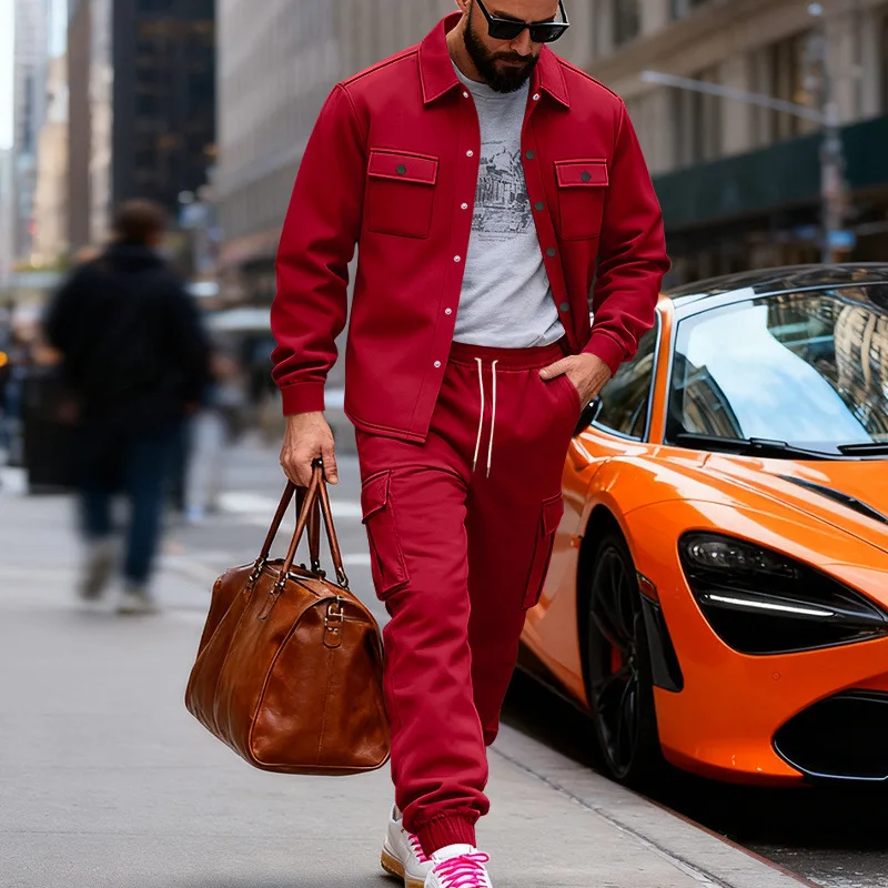 Men's Winter Fleece Lined 2-Piece Set Casual Button-Up Jacket Cargo Jogger Pants Matching Tracksuit
