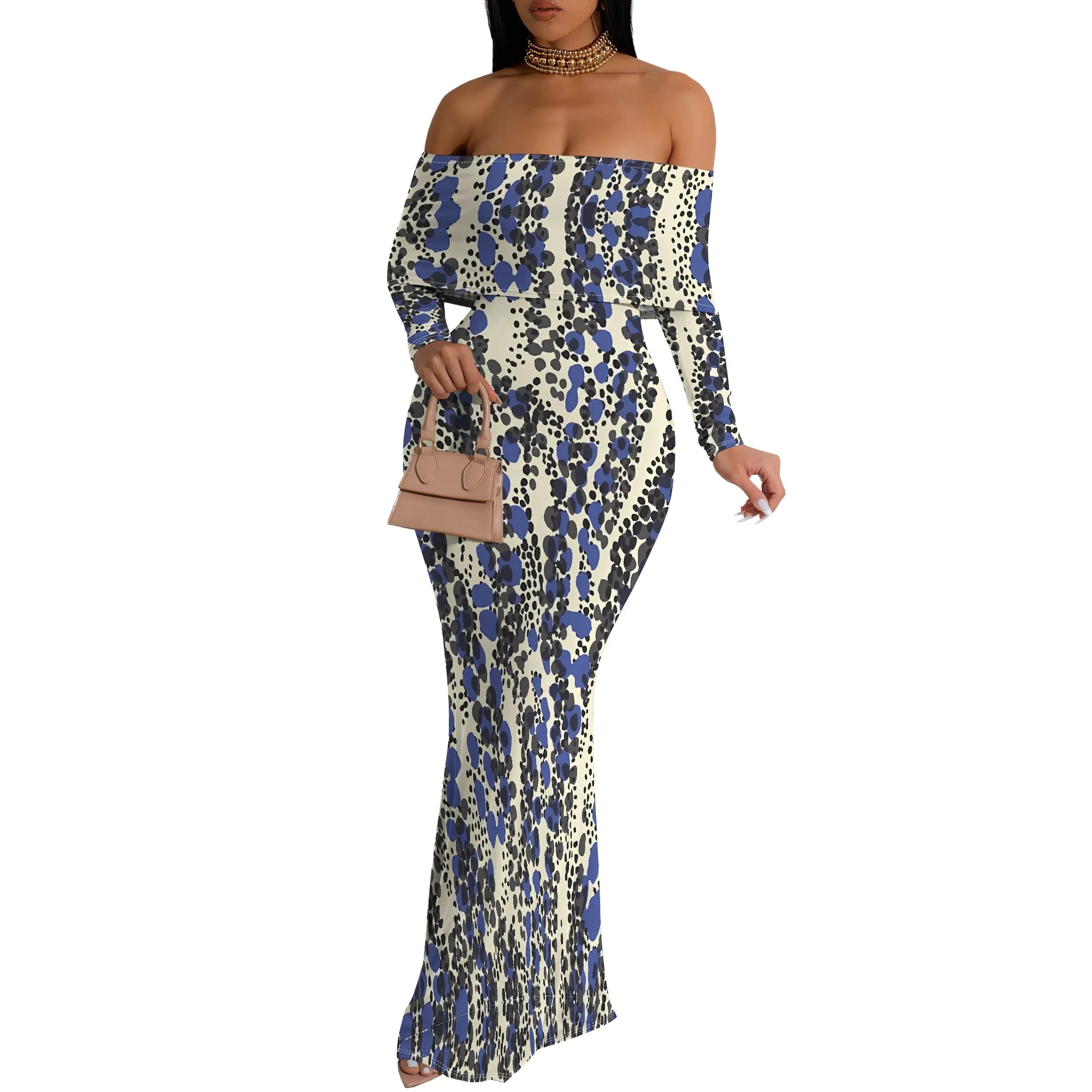 ผู้หญิงเสือดาวลายดอกไม้ปิดไหล่ Maxi Dress แขนยาว Teal Party Evening