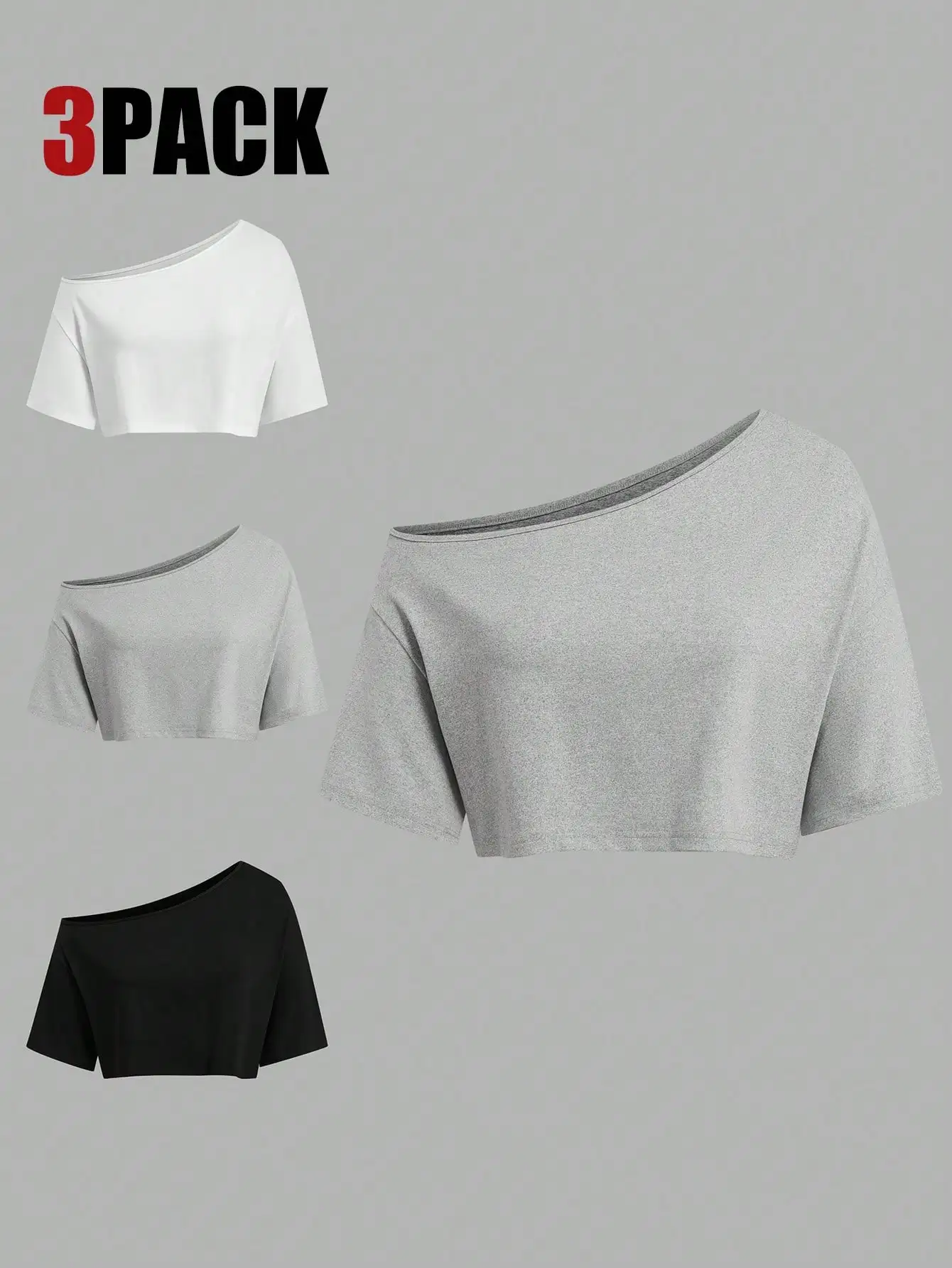 

Комплект из 3 женских укороченных топов с открытыми плечами, с коротким рукавом, черный, белый, серый, летний повседневный стиль