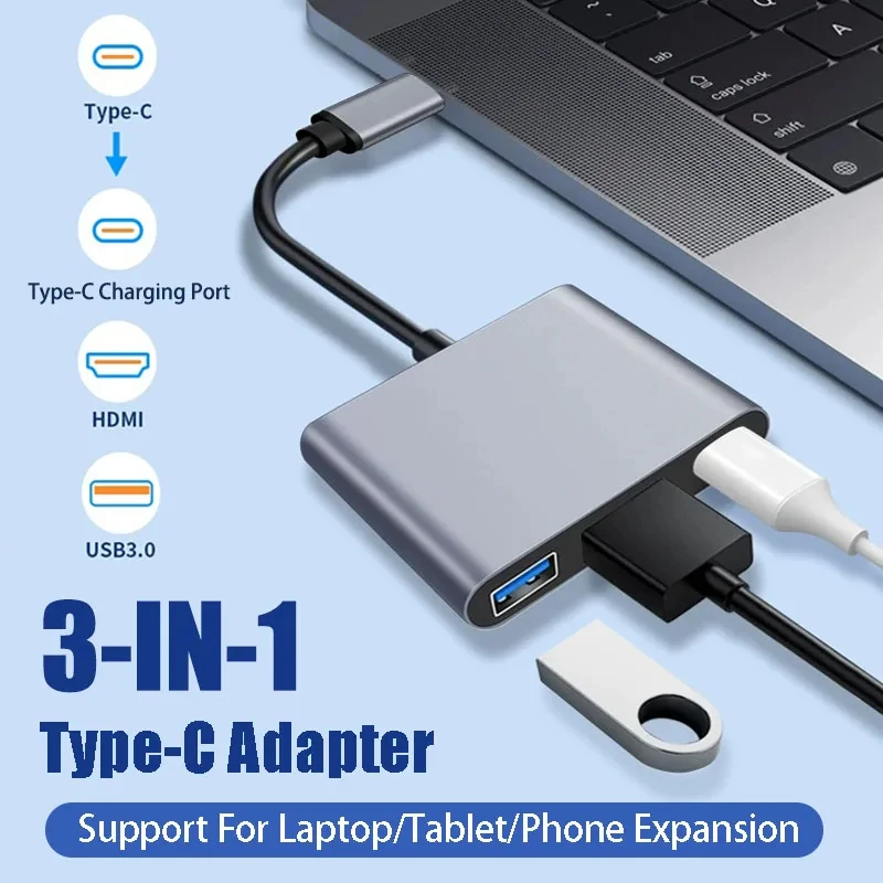 USB C Hub 3-in-1 with 100W Power Delivery USB 3.0 4K HDMI-compatible for MacBook Surface Chrome Steam Deck Stable Smart Adapter