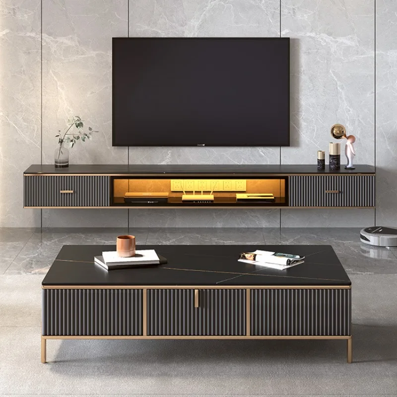 

Wall-mounted TV cabinet rock slab suspended wall-mounted TV cabinet modern simple light luxury coffee table combination