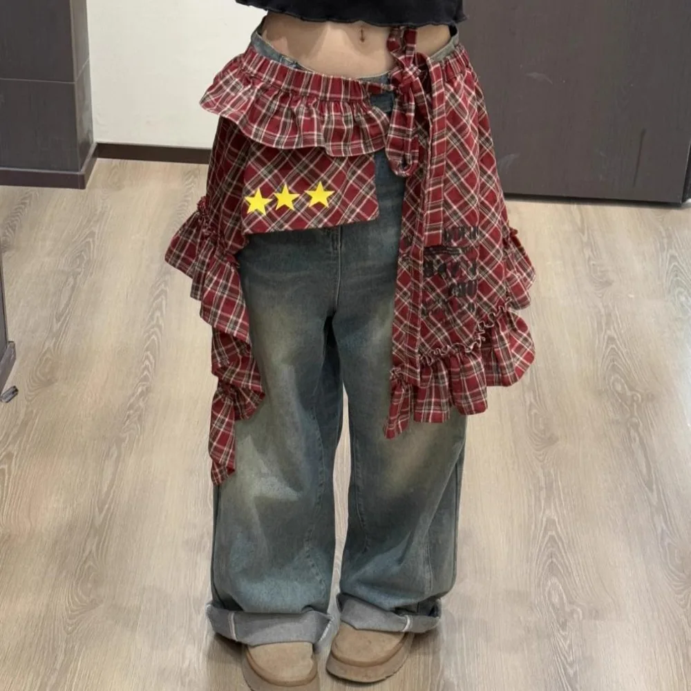 Star Layer Outfits Plaid Skirt Hip-hop Sweet Lace Up Hip Scarf Shirt Extender Korean Style Ruffled Edge Waistband