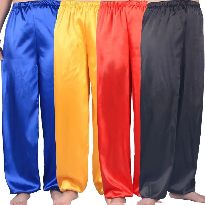 No pockets glossy satin pajamas pants Men silk loose sleeping plus size trousers