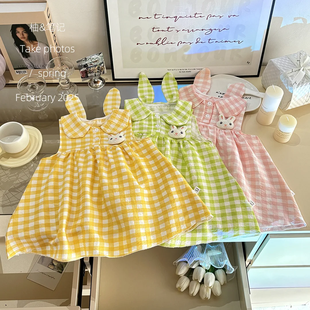Cute Bunny Ear Peter Pan Collar Dress – Summer Rabbit Princess Gown for Toddler Girls, Soft Grid Jumper Flower Girl Dresses