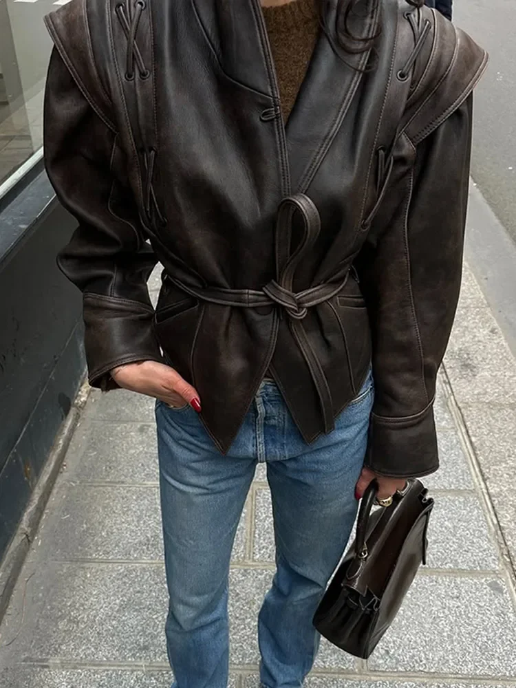 Vintage V-neck Belt Faux Leather Jackets Women Chic Full Sleeve Lace Up High Waist Lapel Overcoat Autumn Female Street Outerwear