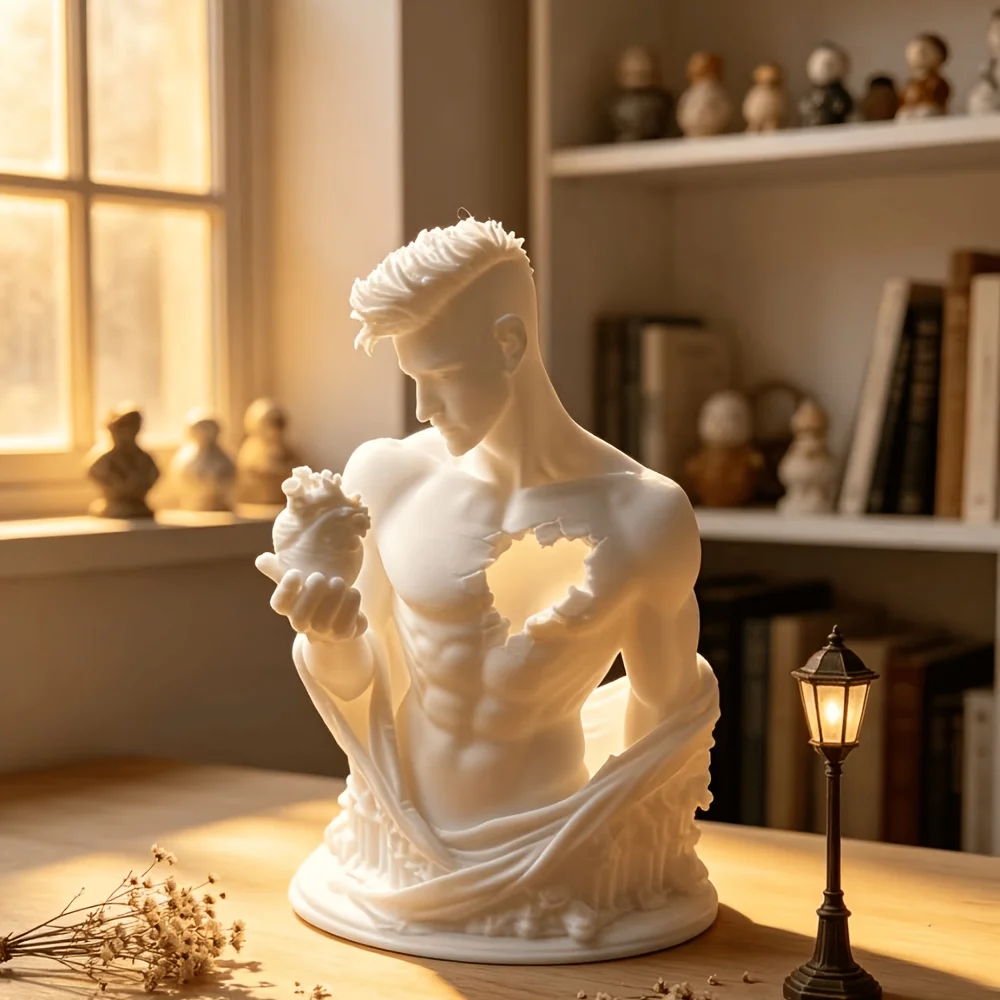 Broken Chest Male Bust Figurines 3D Printed Man Holding Anatomical Heart Sculpture Art Tabletop Decor for Home Office Desk Study