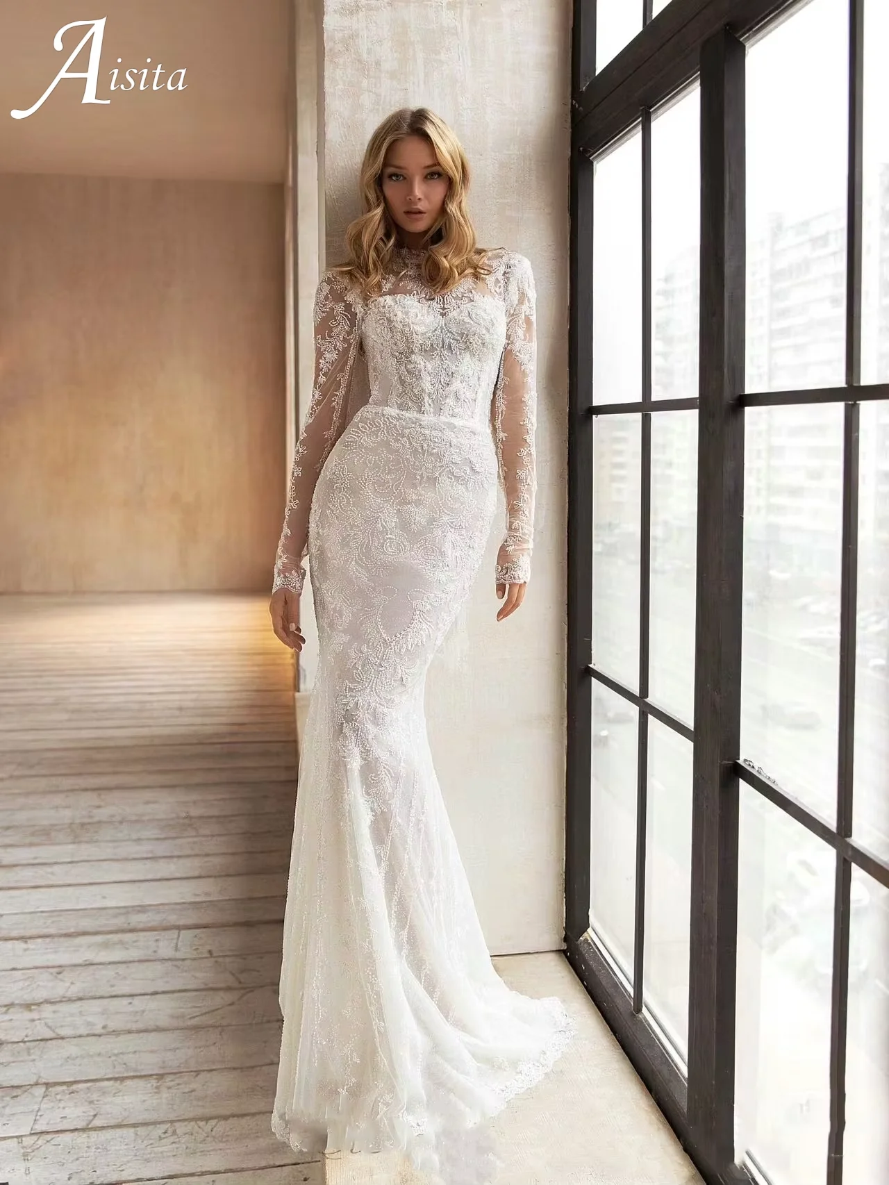 

Beautiful Lace Appliques Wedding Dresses With Detachable Train O-Neck Long Sleeves Bridal Gowns customized Vestidos De Novia