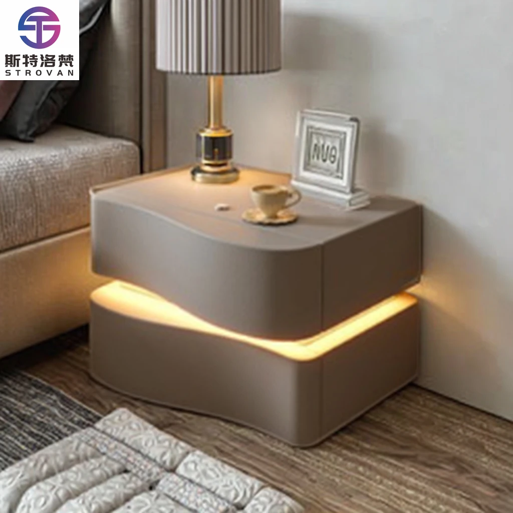 Modern Minimalist Storage Human Sensor Light Bedside Table with 2 Drawers Durable  Nightstand for Bedroom and Home Furniture