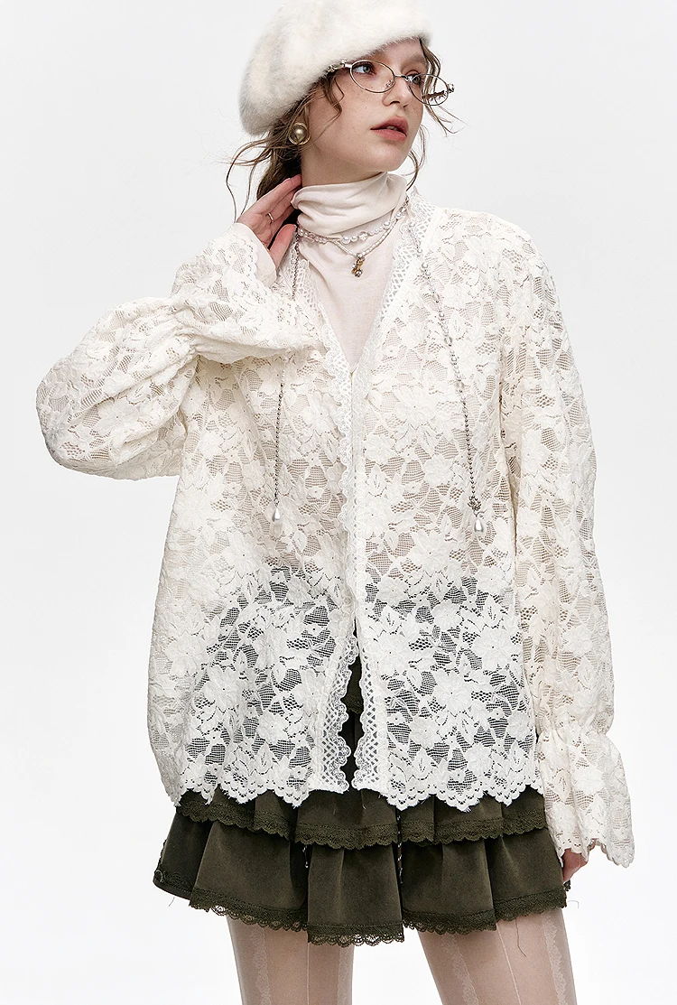 

Новая женская кружевная шифоновая блузка с V-образным вырезом, свободного кроя, элегантная, универсальная, премиум-класса, из высококачественной ткани, лимитированная серия