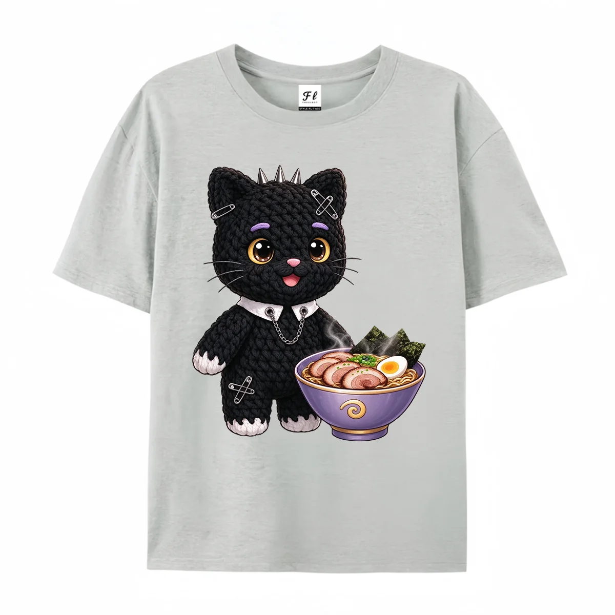 Crochet Black Cat Ramen Graphic T-shirt Kawaii Punk Kitten Noodle Print Oversized Tee Cute Amigurumi Style Unisex Casual Shirts