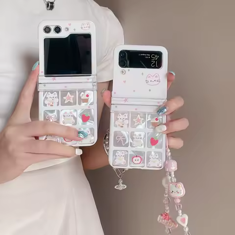 For Samsung Galaxy Z Flip7 6 5 4 3 Nine Grid Cat Phone Case For Samsung Flip 6 Phone Strap Phone Lanyard Shockproof Hard Cover