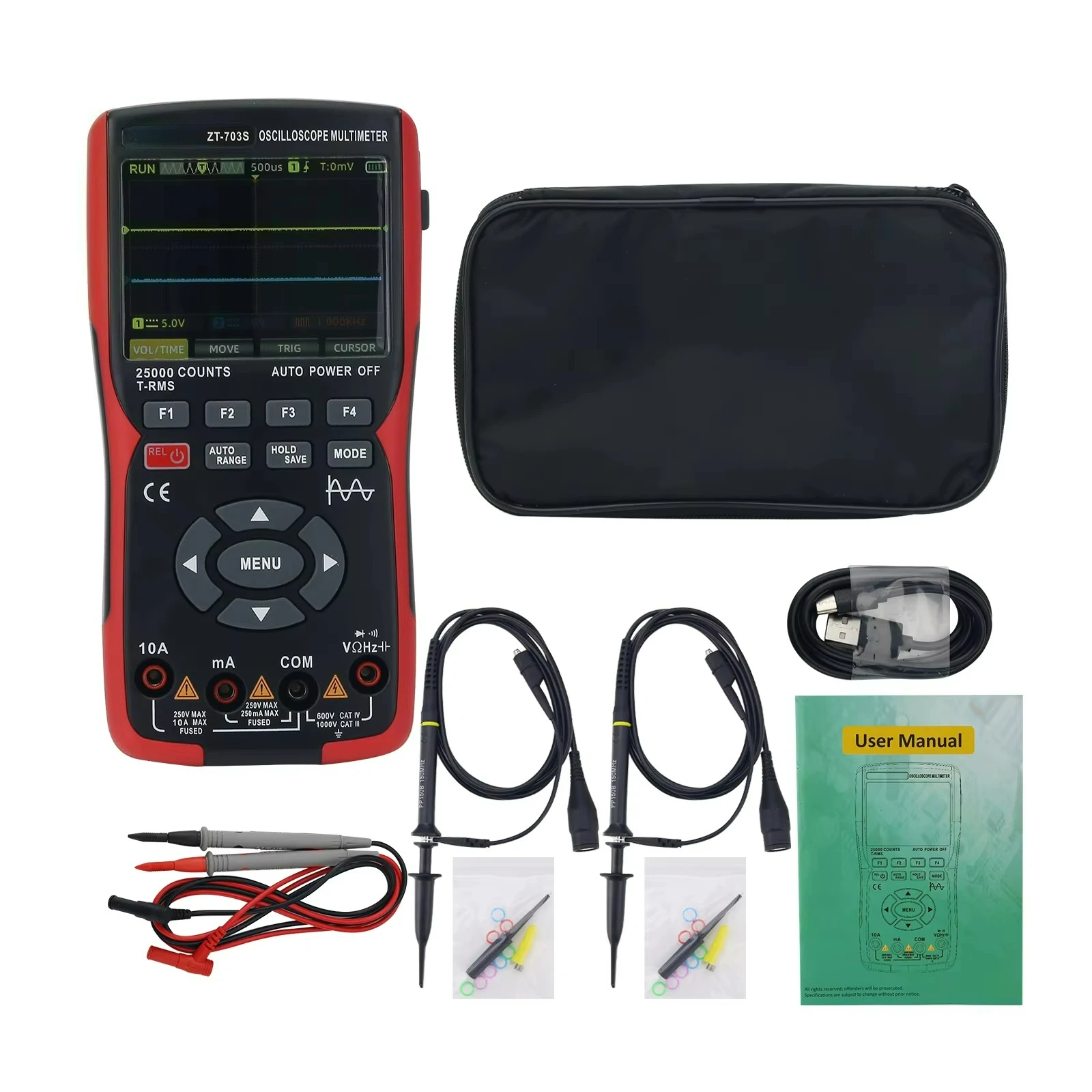 

ZT-703S 50MHZ 2CH Handheld Multifunctional 3-in-1 Digital Oscilloscope High Precision Multimeter for Automobile Repair W/ Probes