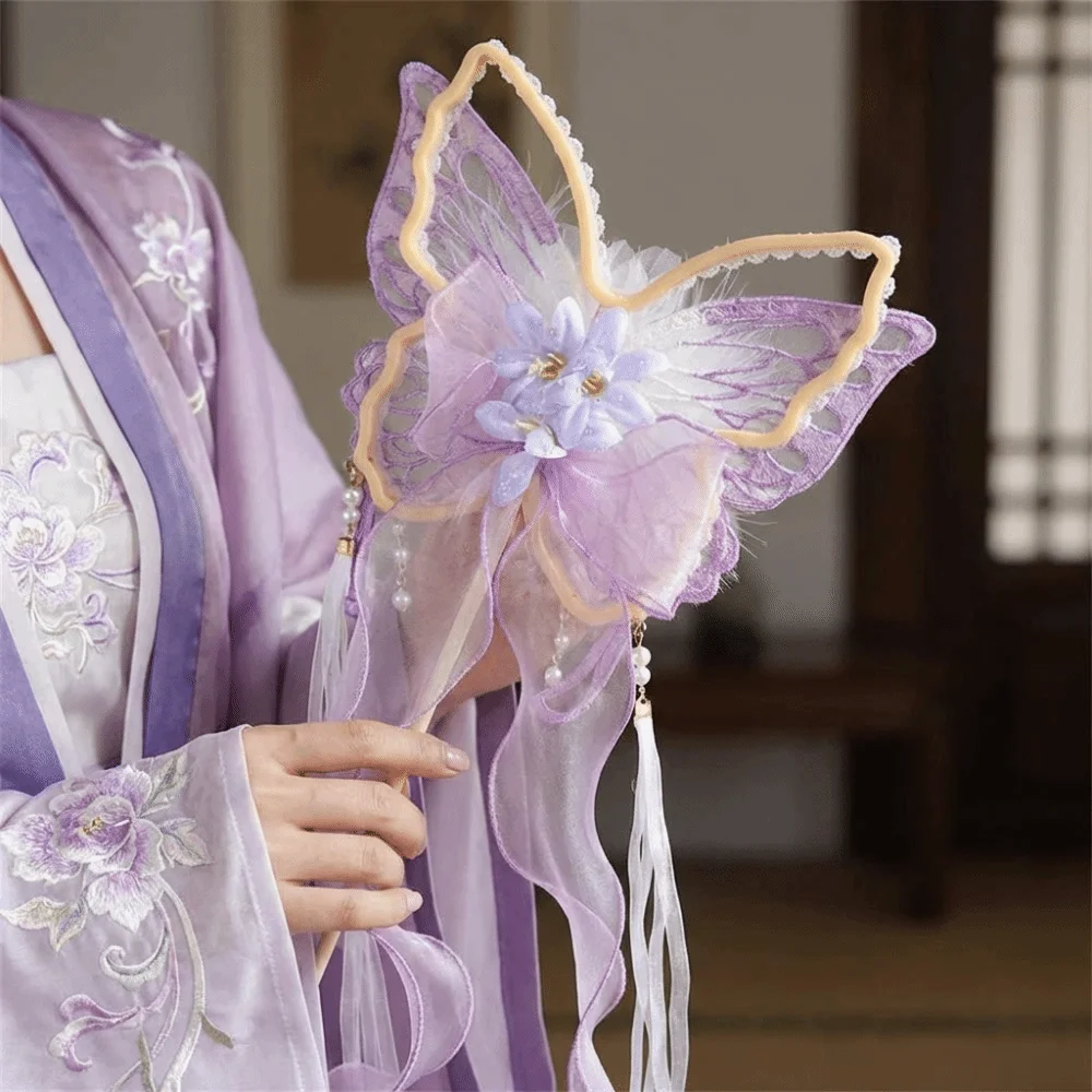 

Elegant Chinese Style Retro Butterfly Fan Traditional Fluffy Embroidery Fan Ancient Decorative Silk Flower Fan Performance Prop