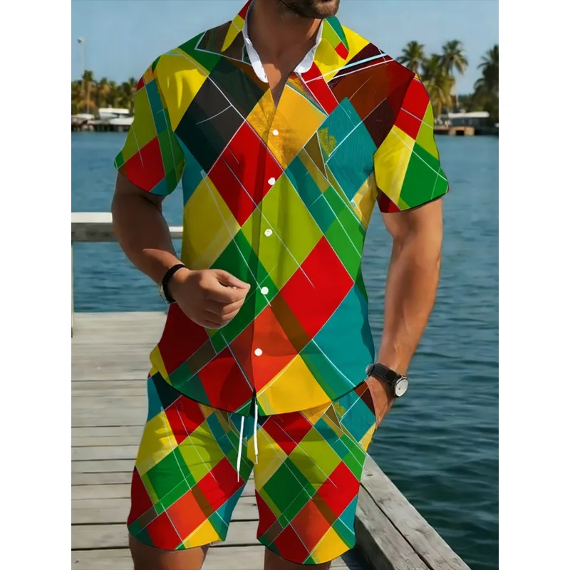 Conjunto de Camisa y Pantalones Cortos de Poliéster con Patrón de Diamantes para Hombre, Colorido, Sin Textura, Ligero, Duradero, Ropa de Playa Informal para Verano