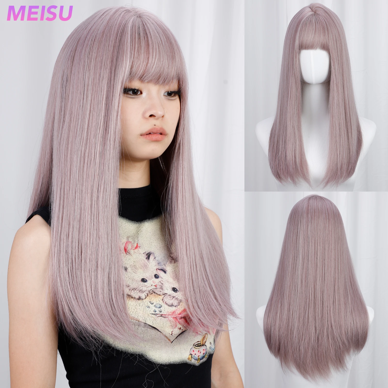 MEISU Straight Wig Grey purple Air Bangs 24 Inch Fiber Synthetic Wigs Heat-resistant Natural Party or Selfie For Women Daily Use