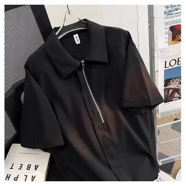 Traduan/Hong Kong Style Ins Retro Drooping Casual Shirt Men's Short-sleeved Summer Loose Casual High-end Semi-zipper Lining