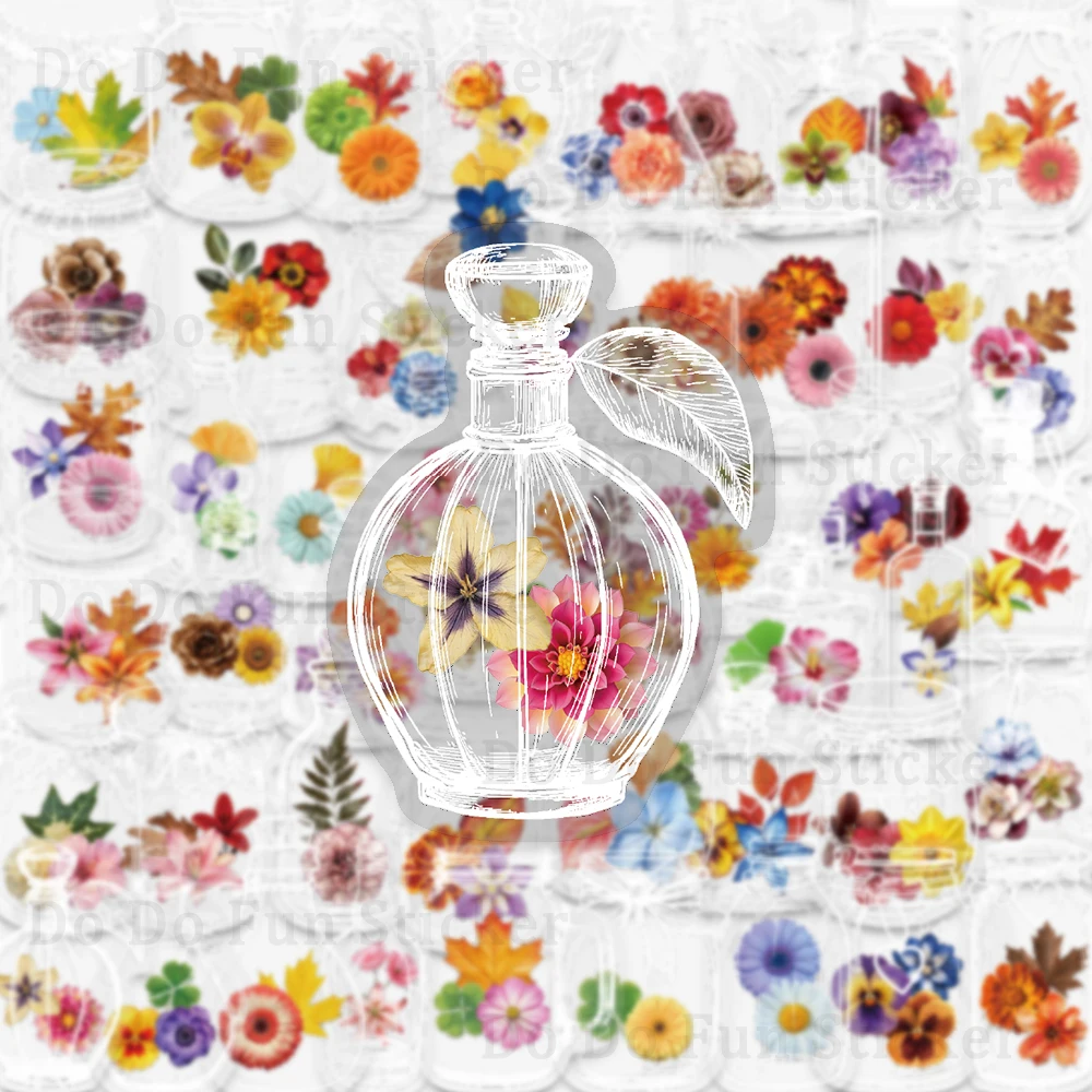 Bottiglie di vetro da 50 pezzi con adesivo in PET con fiori secchi, impermeabile, resistente all'olio, trasparente, arte romantica, collezione regalo di fiori colorati
