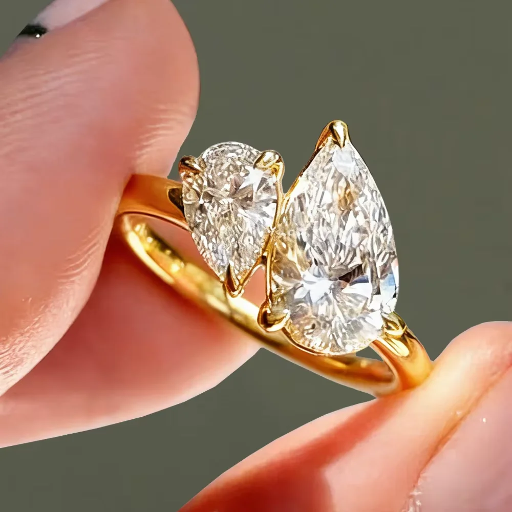 

1.5CT Pear Cut Moissanite Engagement Ring for Women S925 Sterling Silver Plated 18K Gold Double Teardrop Wedding Band Jewelry