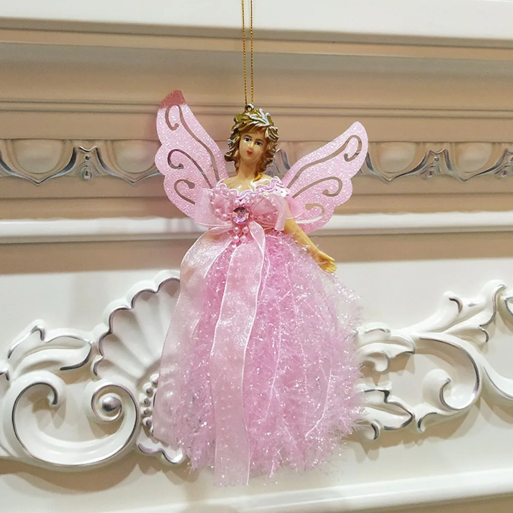 Glitter Christmas Angel Pendant Gorgeous Dress Plastic Christmas Tree Topper Ornament with Shining Wings Hanging Angel Doll