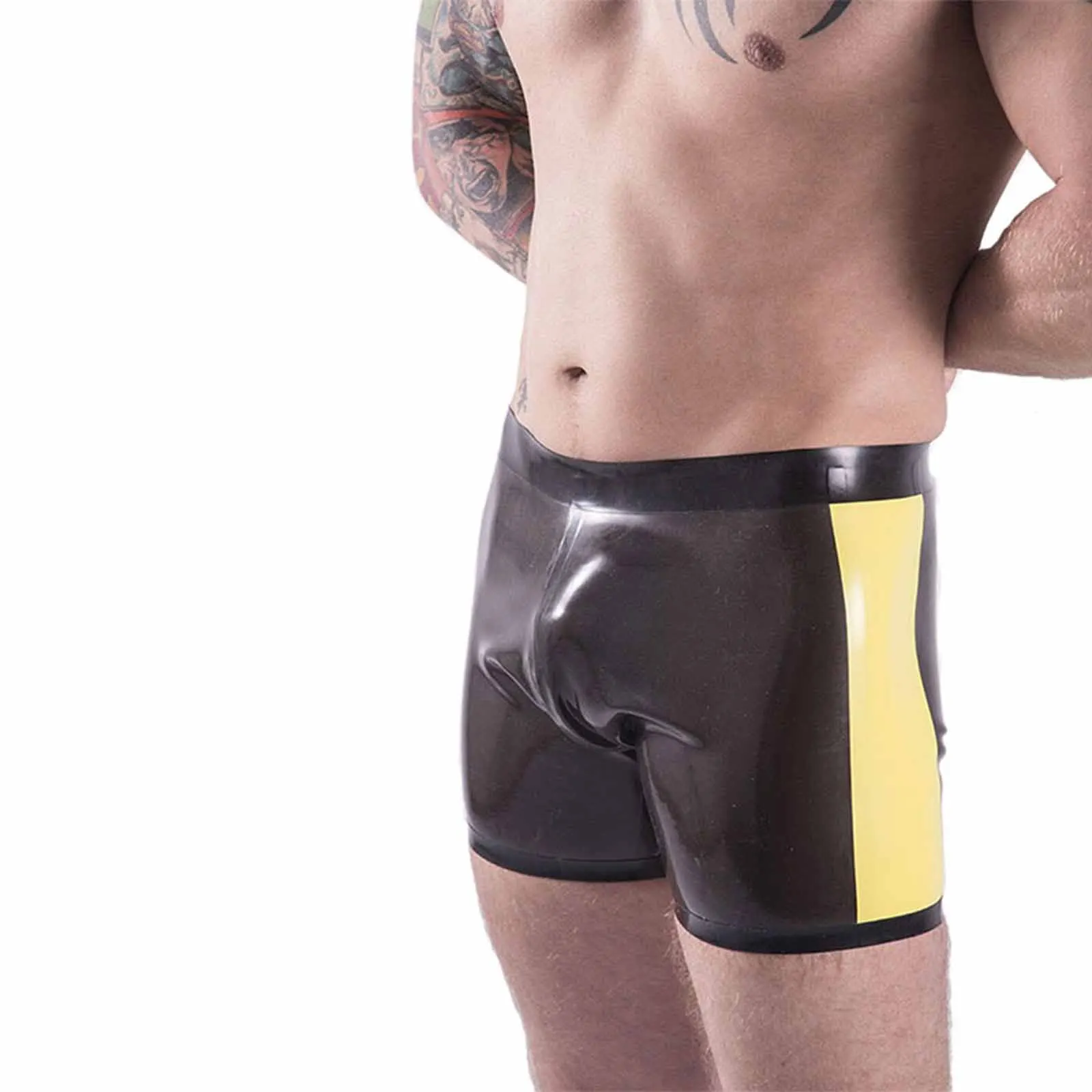 

MONNIK Boxer Shorts Men Latex Briefs Rubber Panties Tight Underwear Black and Yellow Line Design for Bodysuit Party Cosplay