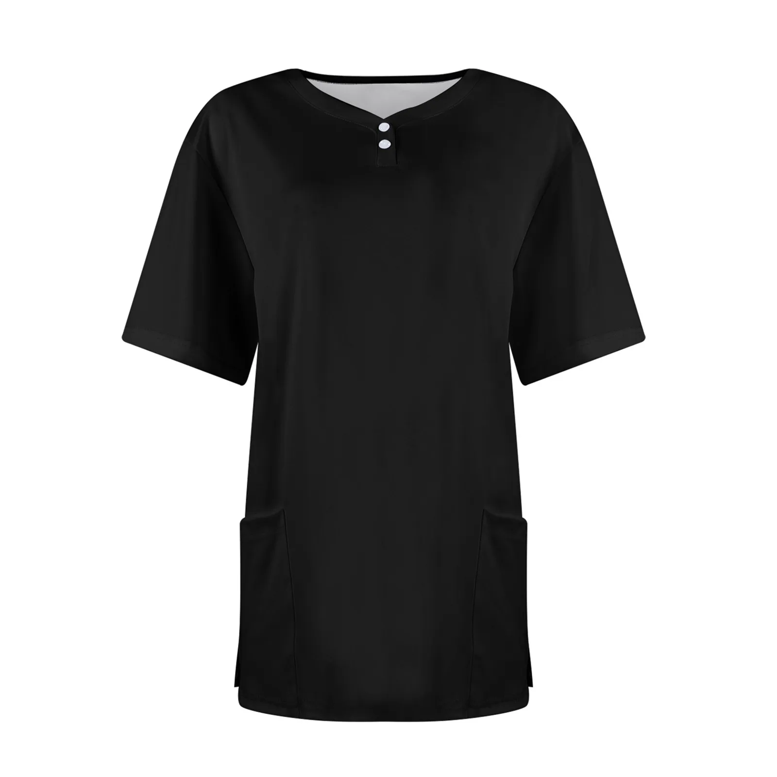 Women Button V Neck Tops Fashion Casual Simple Solid Short Sleeve Dry-Nurse Tops With Pockets Loose Straight Nurse Uniforms Tops