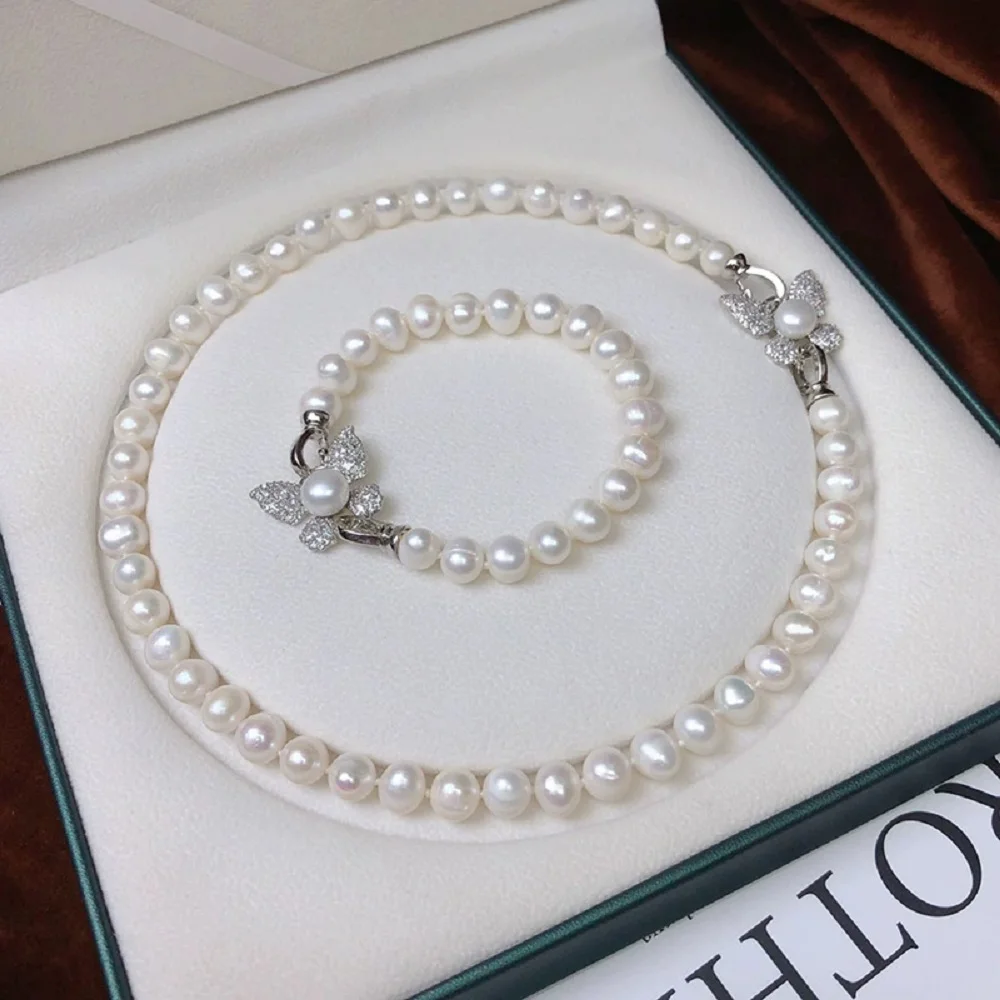 New AAA 8-9mm Natural South Sea Butterfly Pearl Necklace 18 inch+Bracelet 7.5-8inch Set925s