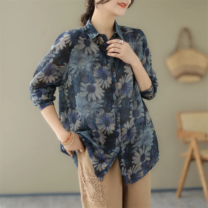 

Высококачественная женская блузка из льна и льна в стиле ретро с тонким воротником и длинным светом на пуговицах в стиле ретро