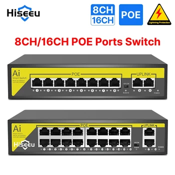 Hiseeu 48V 8/16 Ports POE Switch Ethernet 10/100Mbps IEEE 802.3 af/at für IP-Kamera/CCTV-Überwachungskamerasystem/Wireless AP ft