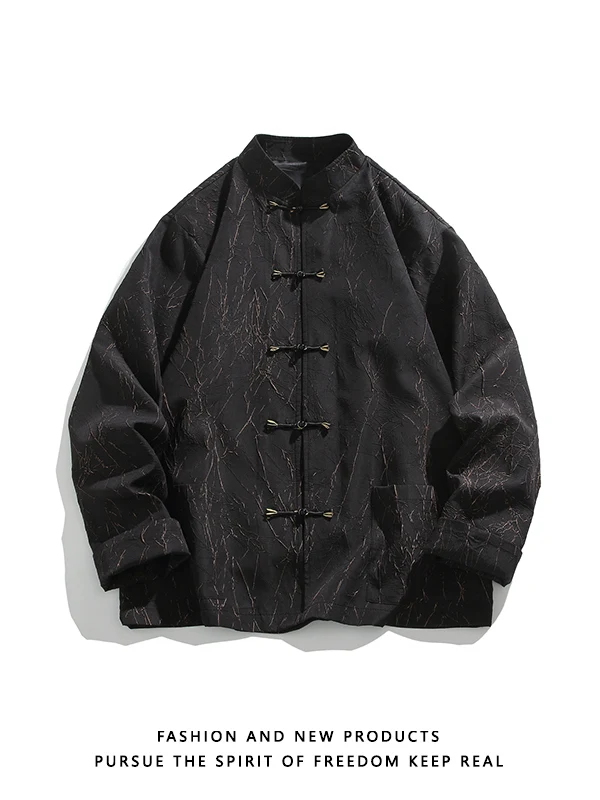 

New Chinese Sle Men's Jaet Phoea Brand Loose Fit Polyester Fiber Spring Season Long Sve Single Button Stand Collar