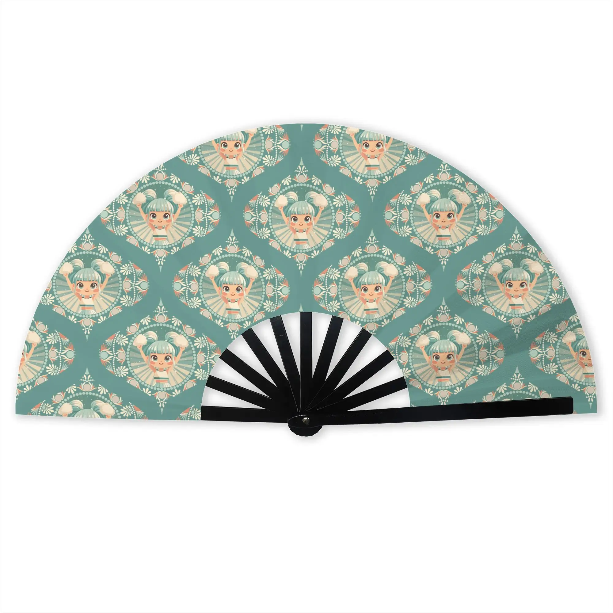 Cheerleader Ornate Mid Century  Folding Hand Fan Sage And Sand  Polyester Fabric Fan Novelty Summer Accessory Decorative Fans