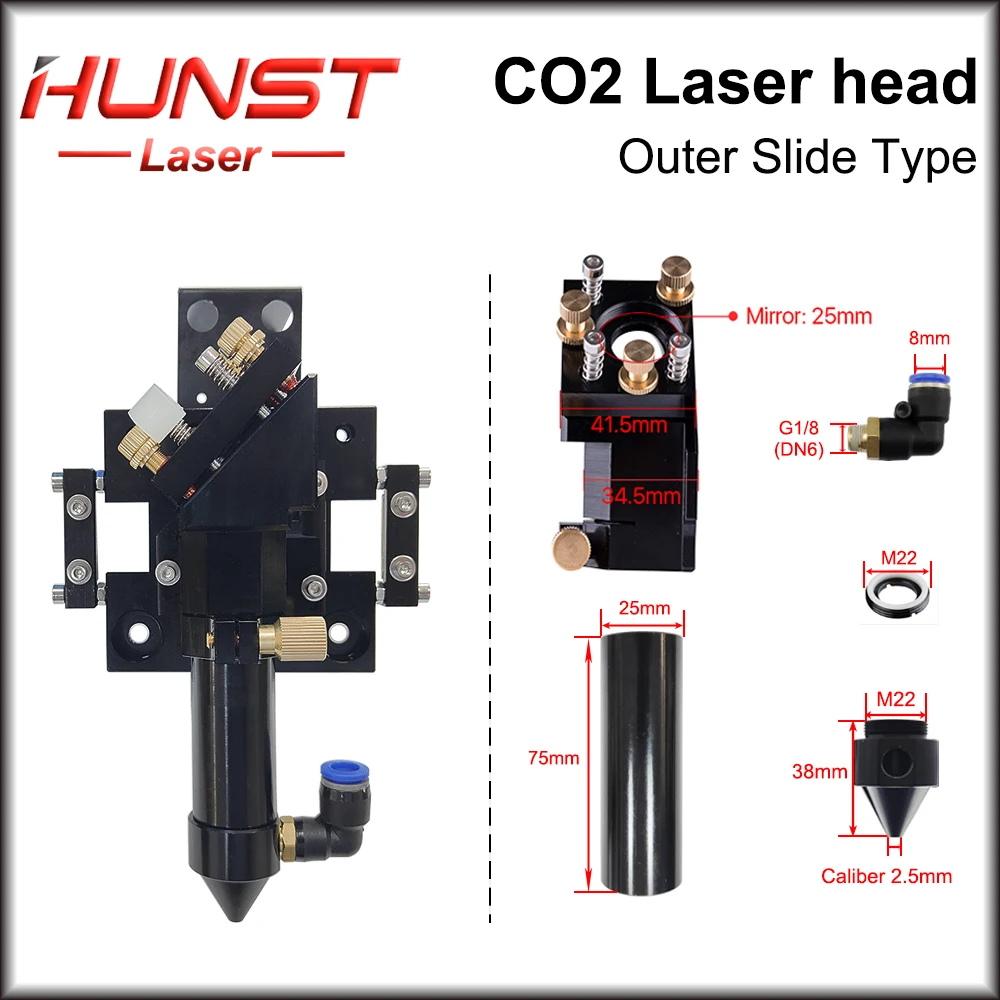 Cabeça exterior do laser do trilho do Hunst-CO2, lente de D25 mm, diâmetro 20mm, FL 50,8, 63,5, 101,6mm, D25 mm, espelho, tipo da corrediça com bocal da assistência do ar