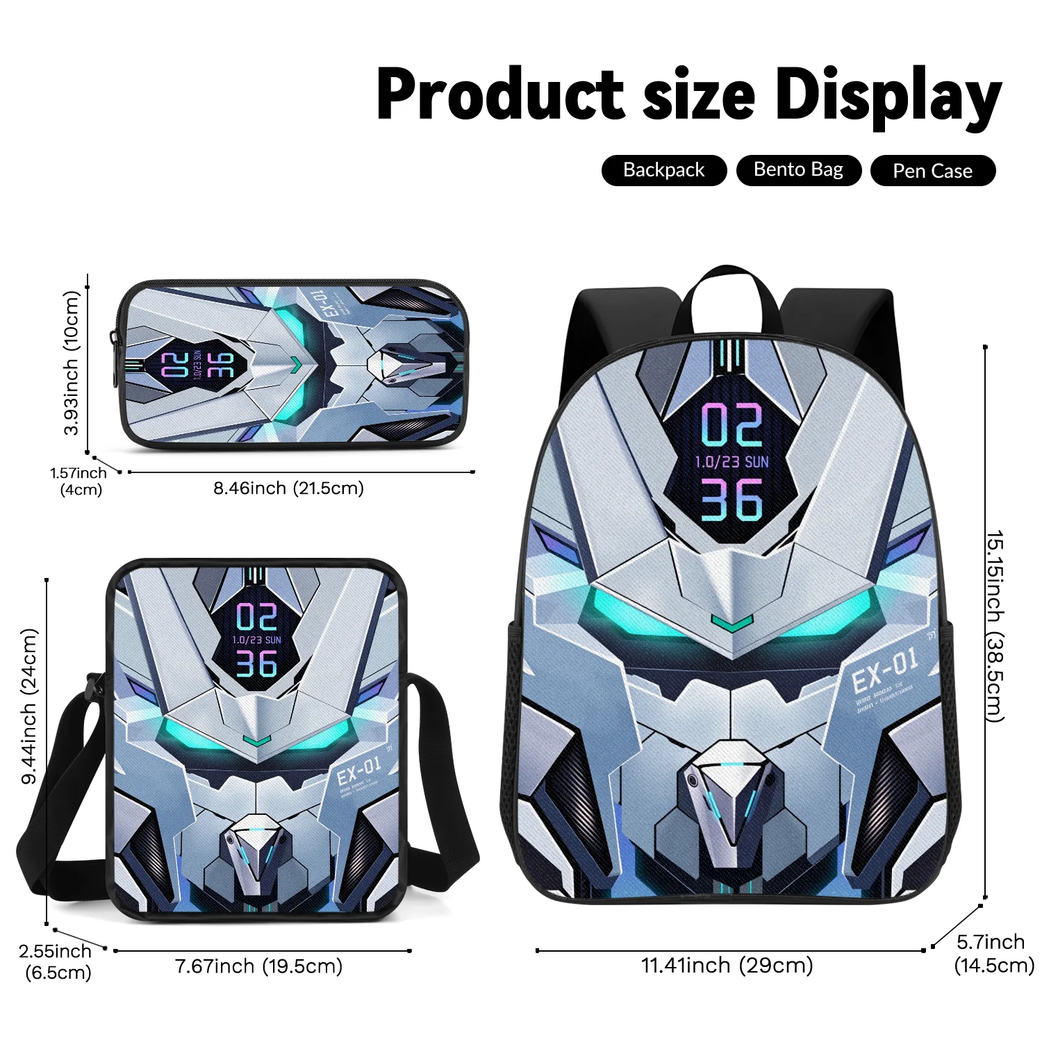 Futuristic Cyber Mecha 3-Piece Backpack Set with crossbody bag and Pencil Case Cool Daypack for School Travel Daily Use