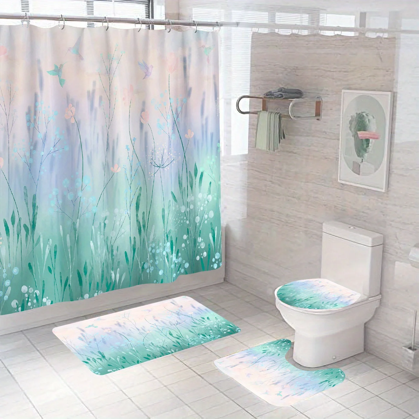 

4 шт. скандинавский свежий луг цветочный узор птицы набор занавесок для душа, занавески для ванной комнаты, декоративный напольный коврик для ванной комнаты