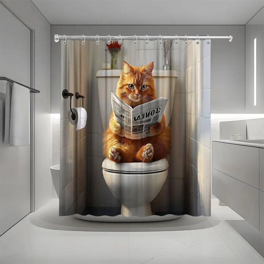 مضحك القط دش الستار البرتقالي القط على المرحاض قراءة صحيفة جميل هريرة لطيف الحيوانات الأليفة ستارة حمام النسيج اكسسوارات الحمام #5