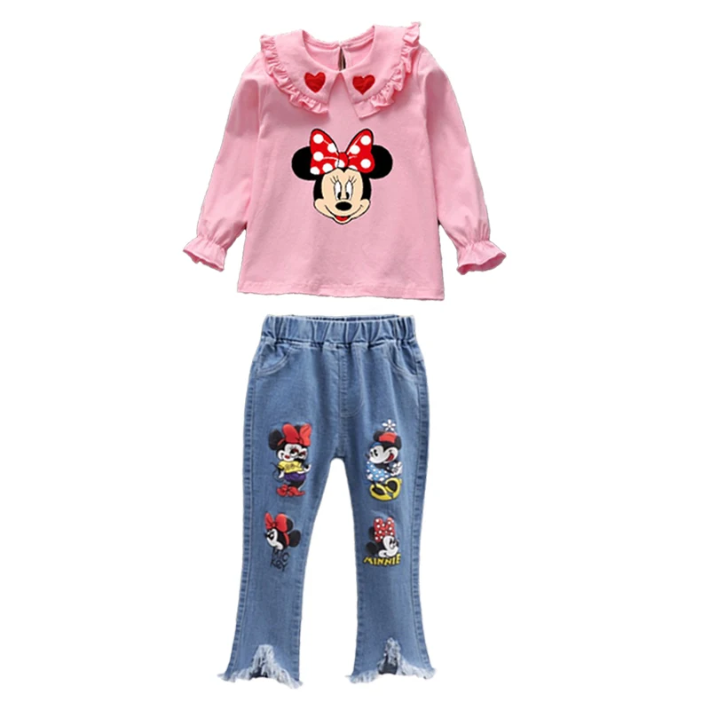 Tenue décontractée pour enfants, ensemble de vêtements pour bébé fille, col Minnie beurre, t-shirt à manches longues, jean évasé Y +, 2 pièces, nouveau