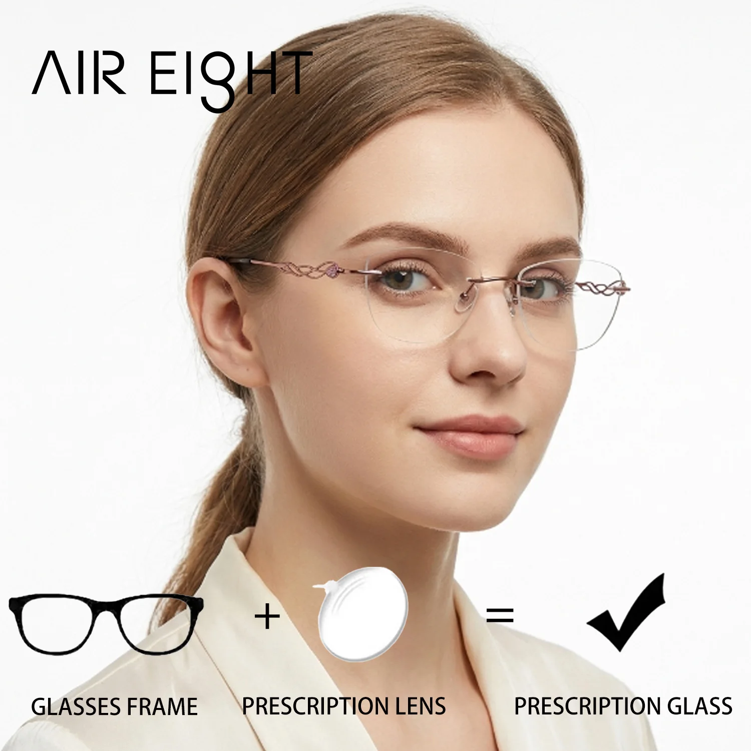 AIR EIGHT Rimless Rectangle Metal for Women Prescription Eyeglasses Custom Myopia Photochromic Anti-Blue Ray Optical Glasses